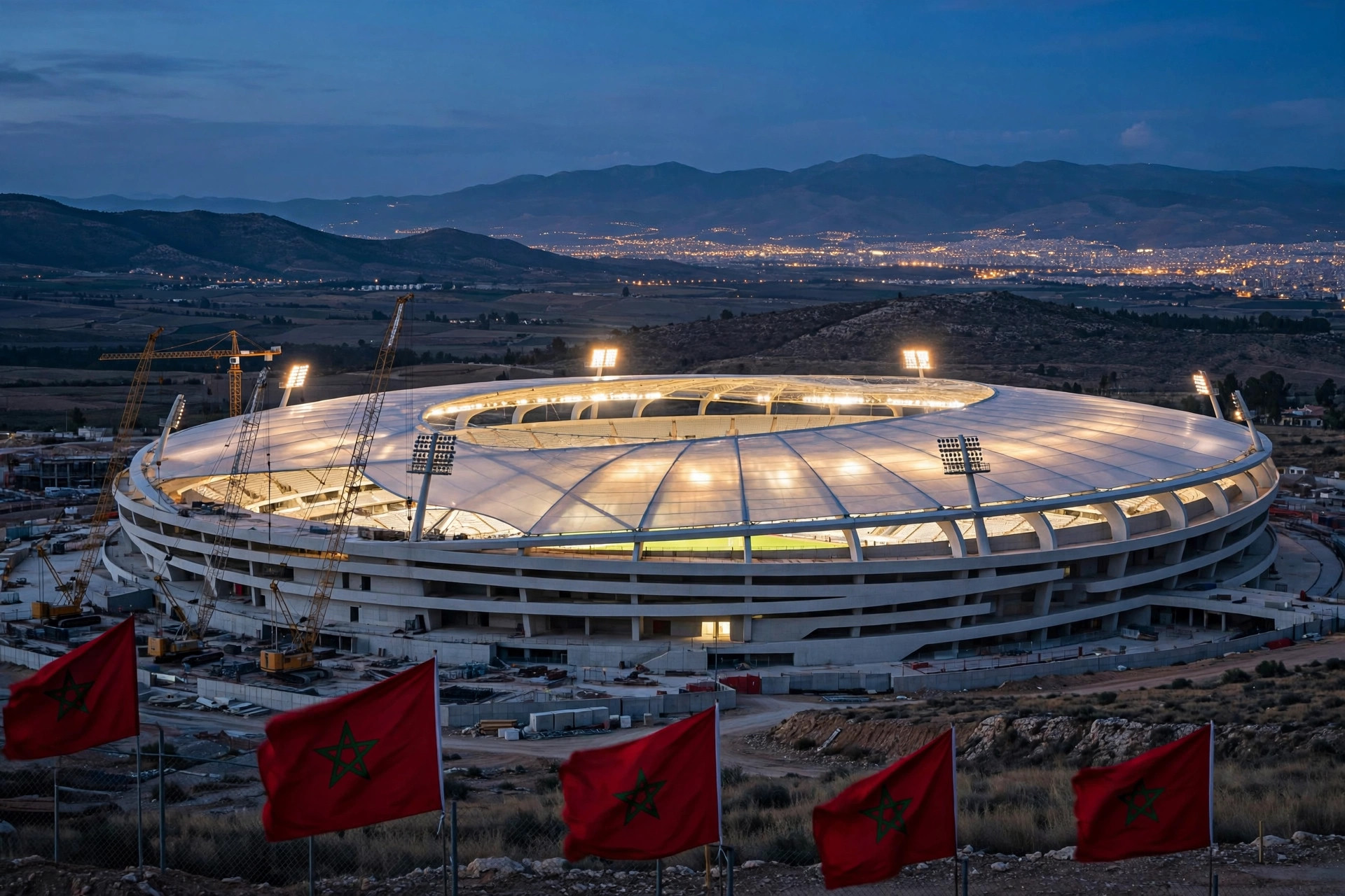The Grand Stade Hassan II rising under construction at dusk outside Casablanca, with Moroccan flags waving in the foreground