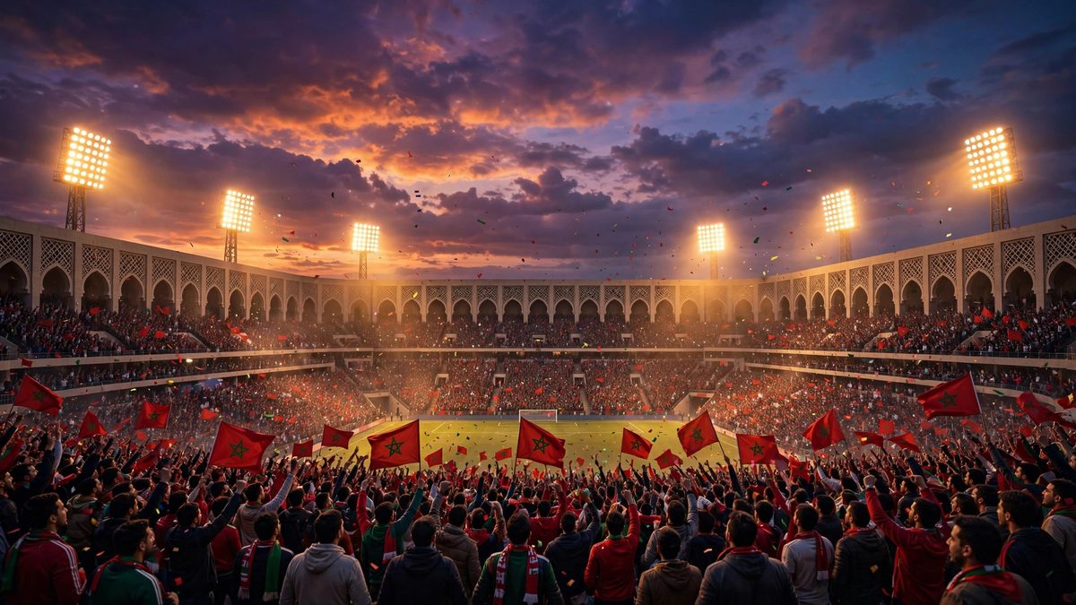 Stade de football marocain au crépuscule rempli de supporters agitant des drapeaux rouges et verts