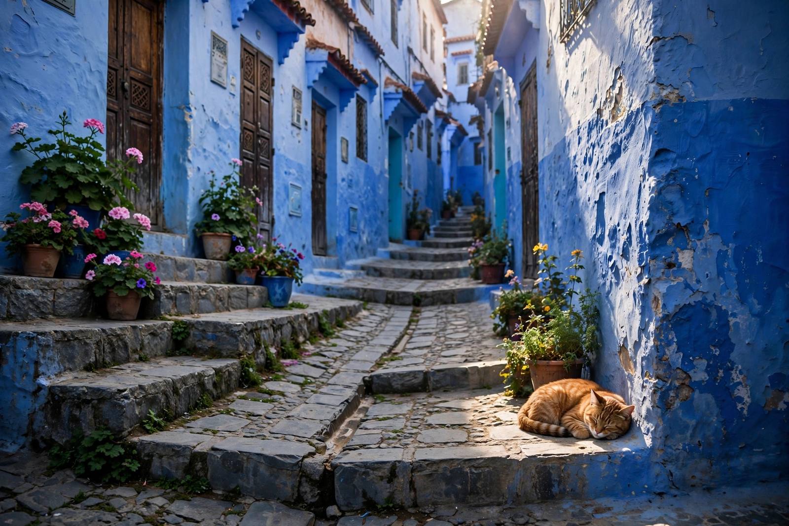 Ruelle peinte en bleu à Chefchaouen, Maroc